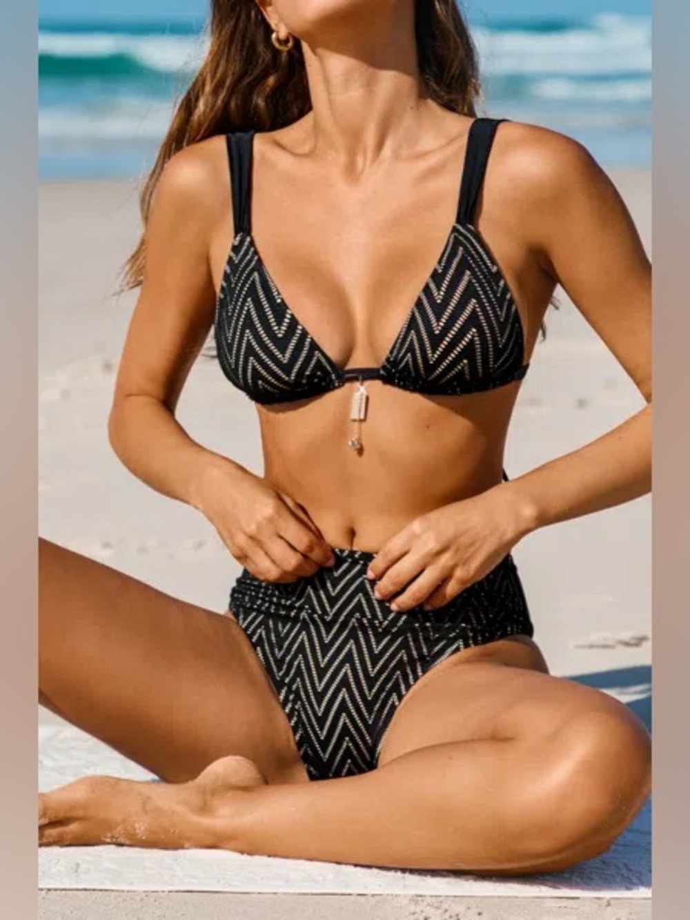 Cupshe:  Black Chevron High-Waist Bikini Bottom